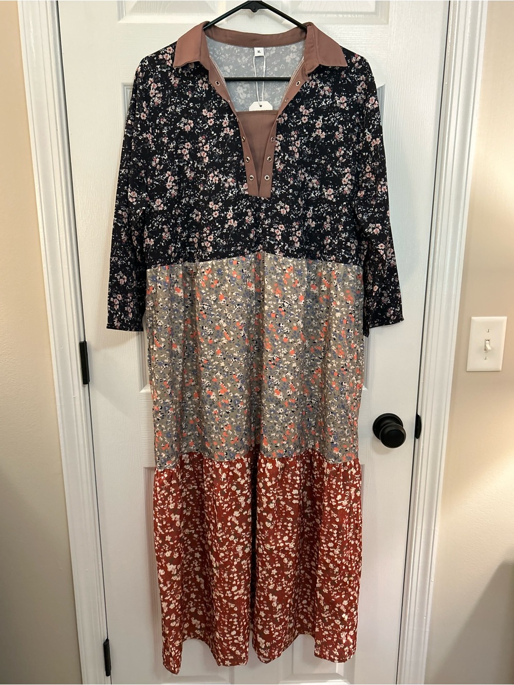 NWT Women’s XL Floral Colorblock Tiered Maxi Dress Boho Long Sleeve
